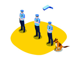 Security vector concept. Group of security men standing carrying a dog while standing with cctv camera
