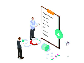 Fototapeta premium Dengue symptoms vector concept. Male doctor explaining dengue symptoms to his patient on the clipboard while standing in the clinic