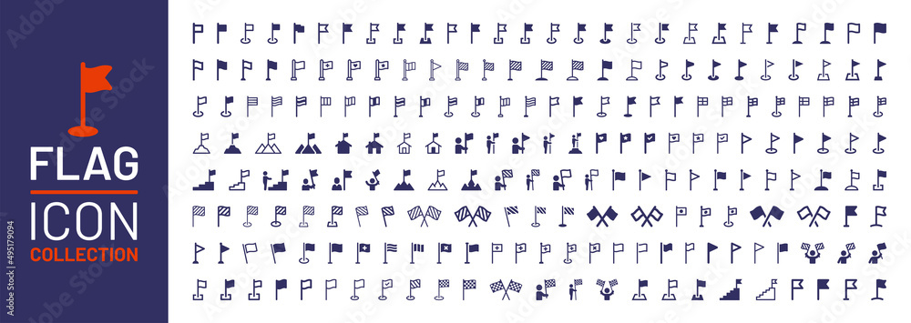 Poster flag icon collection. containing checkered flags, location marker, waving pennant icon set.