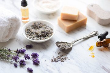 Handmade soap bars, essential oils, bath salts, dried and fresh lavender flowers