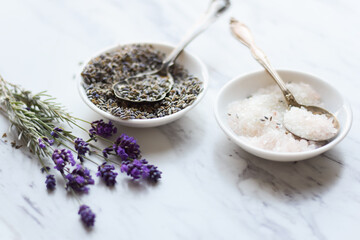 Fresh and dried lavender flowers and bath salts