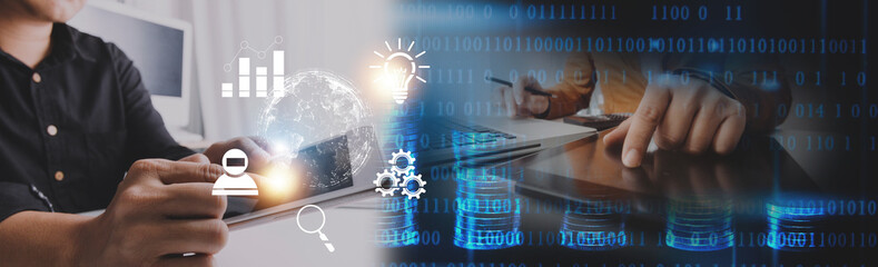 Fototapeta premium Saving money concept preset by Male hand putting money coin stack growing business