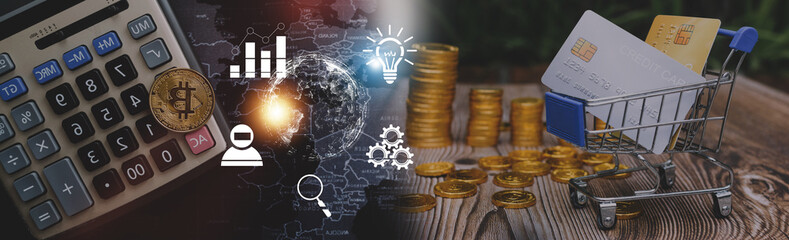 Golden bitcoin on credit cards. Business, money, cryptocurrency concept.