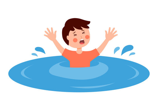 Boy Child Sinking In Water In Flat Design On White Background.