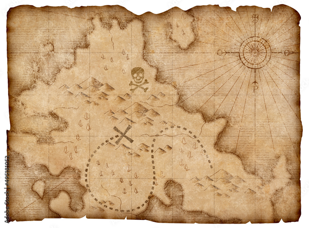 Poster pirates map with treasures mark isolated