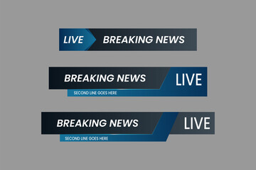 Set of futuristic tech lower third vector design background texture banner template with black and blue shape strip color. Modern flat broadcast news lower for TV Bars, Sport, Streaming