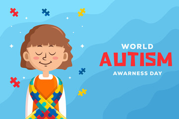 world autism awareness day illustration background with a girl and ribbon