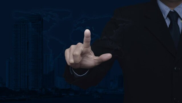 Businessman pressing security shield with check mark flat icon over world map, modern city tower and skyscraper, Technology internet cyber security and anti virus online concept, Elements of this imag