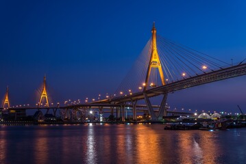 Fototapeta na wymiar Landscape Bhumibol Bridge in twilight evening, Bangkok Thailand. Building and architecture, construction industry concept.