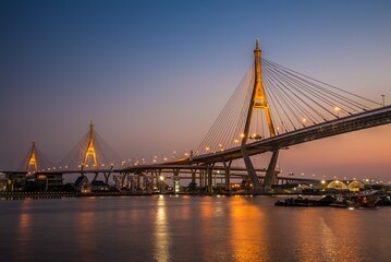 Landscape Bhumibol Bridge in twilight evening, Bangkok Thailand. Building and architecture, construction industry concept.