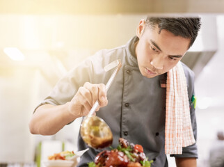 The final touch. Cropped shot of a young male chef cooking in his kitchen.