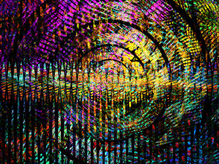 Creación de arte fractal digital compuesto de trazos triangulares paralelos y círculos concéntricos coloridos formando una especie de solapamiento de frecuencias atravesando una galaxia.