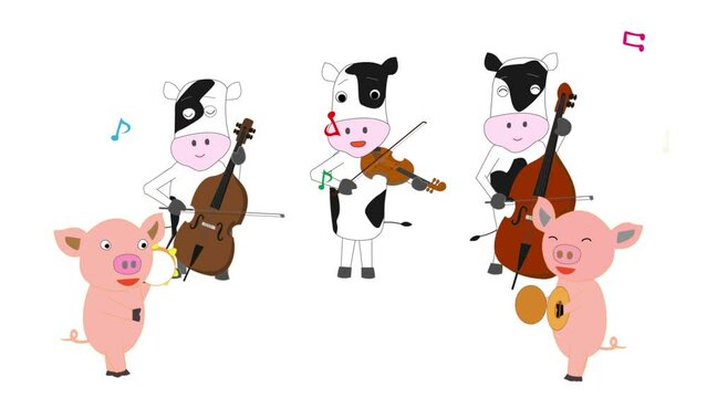牛や豚たちが歌を歌ったり楽器を演奏したりしている。