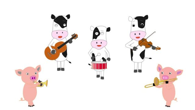 牛や豚たちが歌を歌ったり楽器を演奏したりしている。