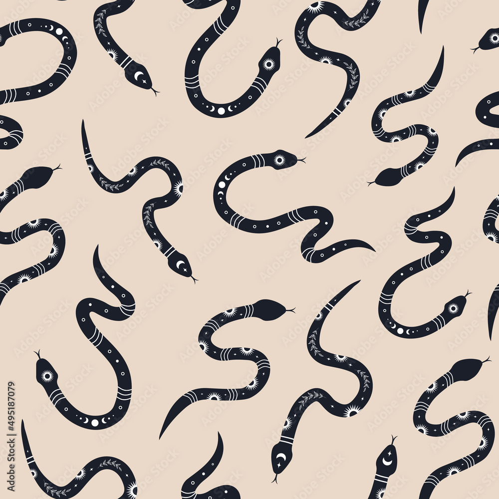 Wall mural seamless pattern with boho magic snake. mystical symbol in a trendy minimalist style. esoteric vecto