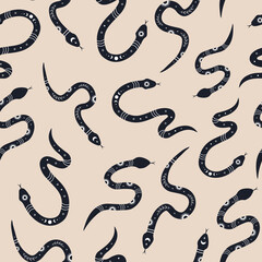 Seamless pattern with boho magic snake. Mystical symbol in a trendy minimalist style. Esoteric vector illustration. Hand drawn bohemian fabric design or package paper.