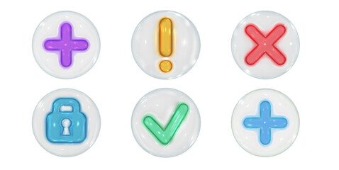 Set of 3d vector render icons. Checkmark, cross sign, lock and exclamation mark. Bright glossy glass design elements