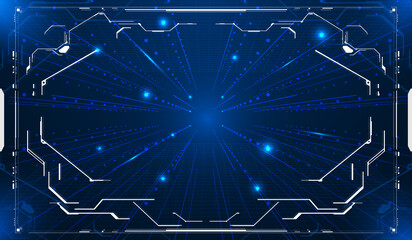 HUD User Screen Interface Futuristic Modern Technology Design Virtual Reality Display Vector.
Stream Grid Pattern and Dots Lines Connection Tunnel Structure with Glow Star Illustration.