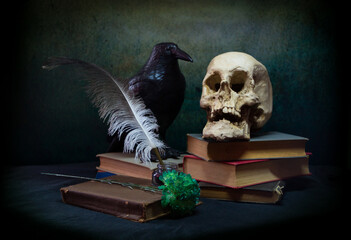 Books a human skull, a raven and a green carnation. - obrazy, fototapety, plakaty