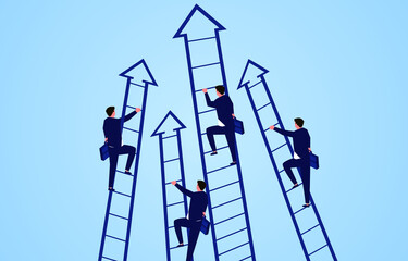 Businessman climbing up the arrow ladder, job competition and career development, self-improvement and challenge.