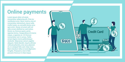 Online payments.Payment and purchase using an application installed on a smartphone.An illustration in the style of a green landing page.