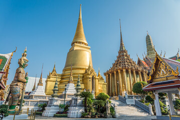 Wat Pra Kaew, The Grand Palace, blue sky background, Thailand. Travel in Asia concept.