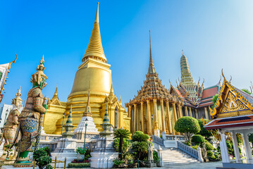 Wat Pra Kaew temple, The Grand Palace landmark in blue sky background, Bangkok Thailand.