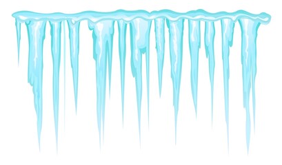 Ice blue icicles. Frozen water drip. Winter object roof. Isolated on white background. Vector - obrazy, fototapety, plakaty