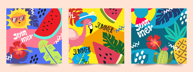 Fototapeta na wymiar summer cards poster banner watermelon pineapple flamingo sun background tropical