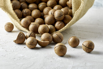 a canvas bag of macadamia nuts close-up
