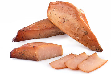 Smoked chicken fillet whole and sliced on white background. Advertising banner. Assortment of cold meats. smoked sausage and meat.