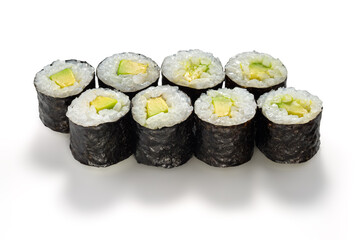 Japanese cuisine. Avocado maki. Sushi roll with avocado on white background. Menu