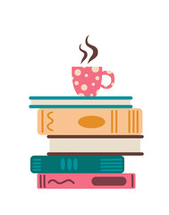 A cup of tea on a stack of books. Vector flat illustration, isolated, cartoon, clipart.
