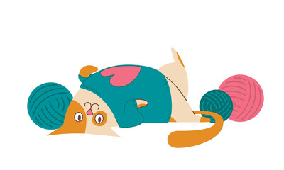 Cute cat in a knitted sweater with a heart, wool yarn balls. Vector flat illustration, isolated, cartoon, clipart.