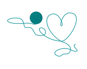 The thread from the ball of yarn unwound and laid out in the shape of a heart. Vector flat illustration, isolated, cartoon, clipart.

