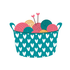 Сolorful skeins of wool yarn and needles in a knitting basket. Vector flat illustration, isolated, cartoon, clipart.
