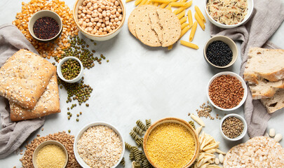 Best sources of carbs on light gray background.