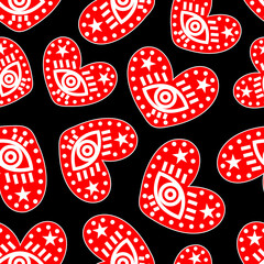 Seamless heart pattern decorated with an eye. Romantic pattern for Valentines Day. Vector illustration