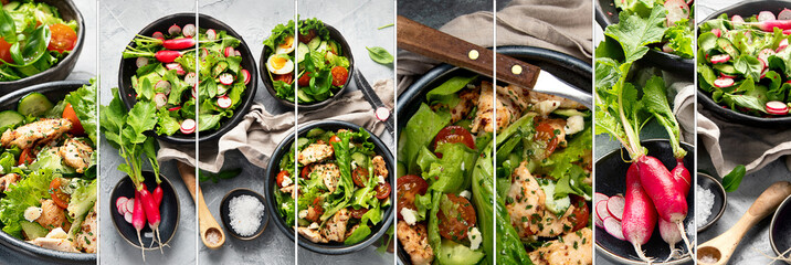 Collage of freshly made salads.