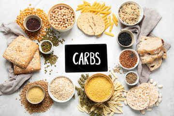 Best sources of carbs on light gray background.