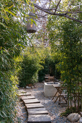 Tree paths, trees with green leaves, chairs and tables.