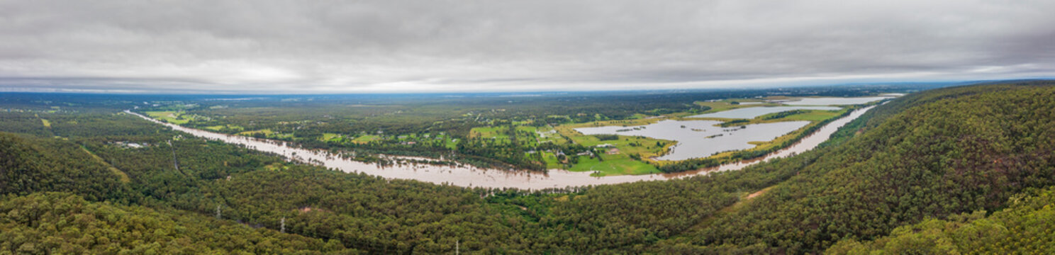 Drone aerial panoramic photograph of flooding in the Cumberland Plain and Nepean River in Australia.