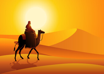 Arab man riding camel in the hot desert