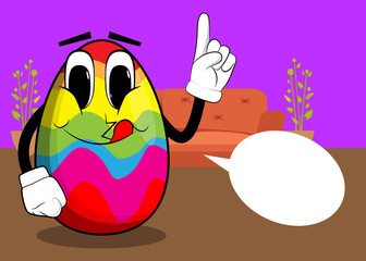 Easter Egg making a point. Cartoon character with funny face for the Easter holiday.