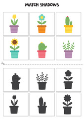 Find shadows of colorful flowers in pots. Cards for kids.