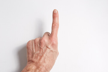 Hand on a white background index finger pointing up with the back side forward