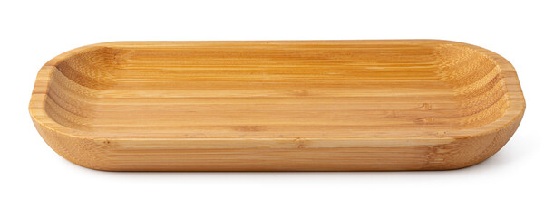 Wooden plate isolated on white background, close up