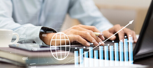 Businessman work with laptop and analyzing graph growth with investment and world icon, Business...