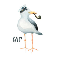 Watercolor illustration of a funny sea gull captain of a ship in a cap and with a smoking pipe with the inscription. Children's, marine, tourist. For design, prints, patterns, postcards, clothes