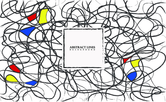 Mondrian background, geometric abstract. Black curved lines, brushstrokes, scribble style.